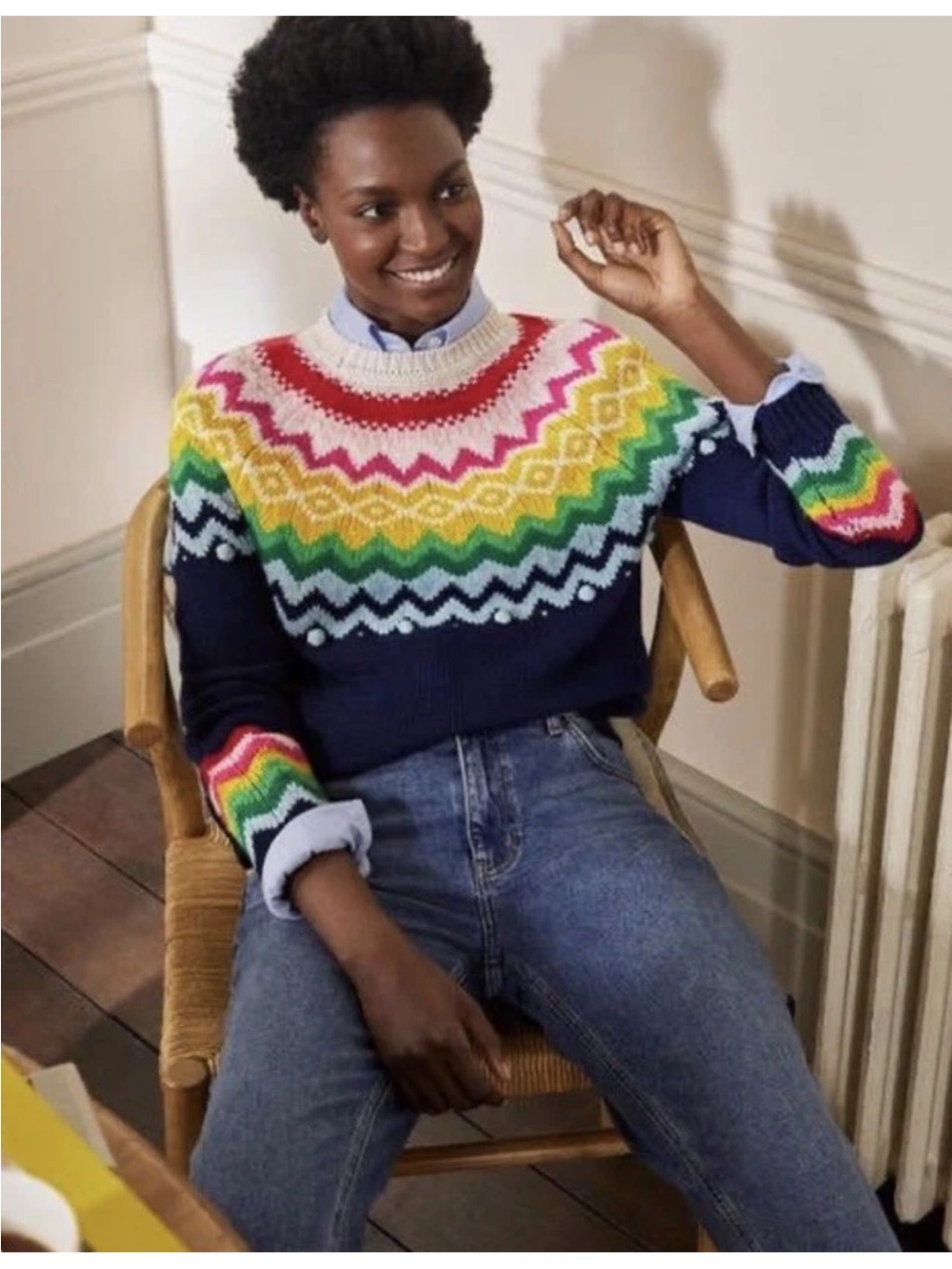 Boden Colorful Rainbow Fair Isle Bobble Pom Yoke Sweater Navy Size US 4